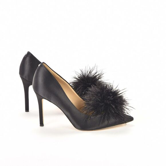 Sam Edelman Hazel Plush Black Silk Fabric Pointed Toe Feather Poof Pumps Size 8 - Picture 5 of 6